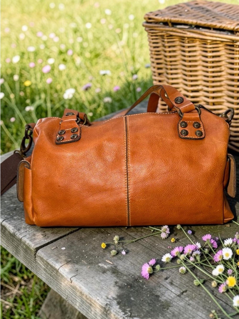 Patricia Nash Cognac Pebbled Leather Satchel Handbag Y2K Vintage Style - Picture 6 of 7